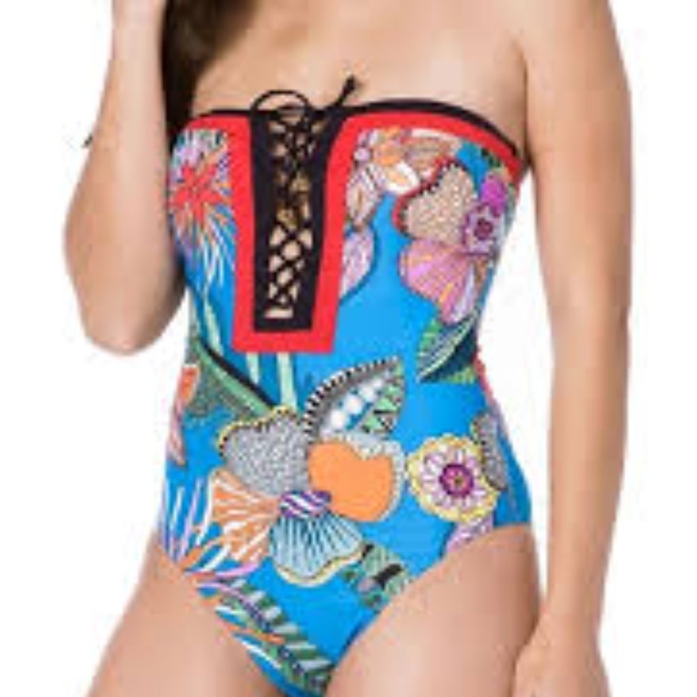 Trina Turk Tahiti Tropical Bandeau Strapless One Piece Swim Bathing Suit, Sz 12